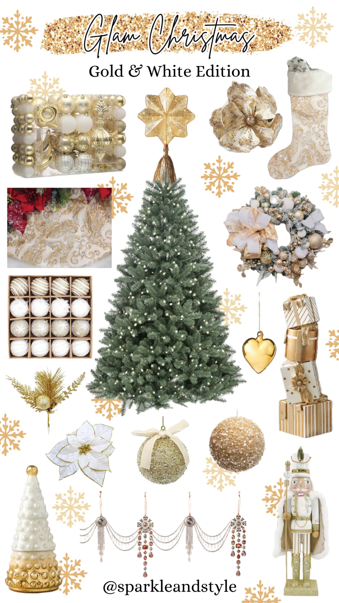 Glam Christmas: Gold and White Edition ✨ 

Christmas decor, Christmas tree, Christmas ornaments, Christmas ribbon, Christmas tree skirt, christmas stocking, Christmas wreath, Christmas tree topper, Christmas stocking holder, gold and white Christmas decor, green Christmas tree, gold and white Christmas ornaments, gold and white wreath, gold tree skirt, white and gold christmas stocking, gold poinsettia Christmas ornaments, gold gemstone crystal garland, gold star tree topper, gold and white Christmas decor, gold and white nutcracker, gold heart ornaments, white poinsettia, gold and white gift box present outdoor decor, gold and white candle, gold Christmas sprays, glitter ornaments, home interior, home decor, home accessories, home decoration, glam Christmas decor, girly girl Christmas, Luxe Christmas, elegant Christmas, classy Christmas, Christmas tree decorations, Christmas decorations

#LTKHoliday #LTKHome #LTKSeasonal