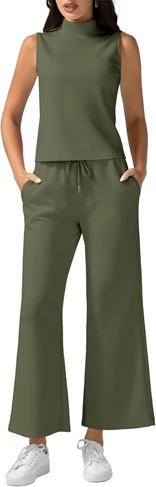 Funlingo Women's 2 Piece Outfits Summer Sleeveless Mock Neck Tops Wide Leg Crop Pants Lounge Set ... | Amazon (US)