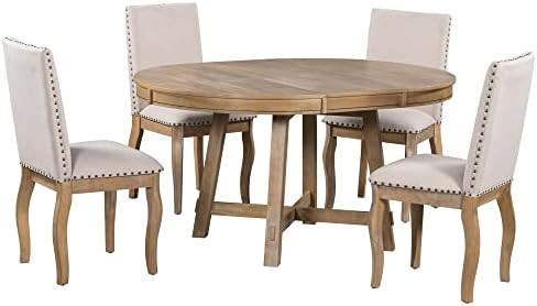 Merax 5-Piece Farmhouse Wooden Round Extendable Dining Table Set with 4 Upholstered Chairs, Family K | Amazon (US)
