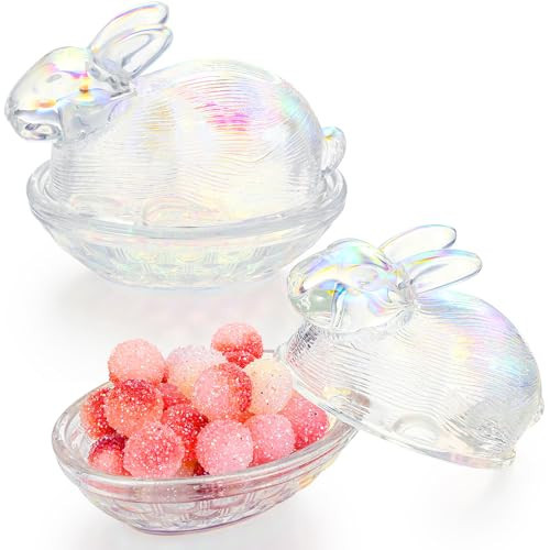 Domensi 2 Pieces Easter Glass Candy Dish with Lid Covered Candy Bowl Glass Bunny Jar Candy Servers for Easter Holiday Office Home Kitchen Table Desk (Iridescent) | Amazon (US)