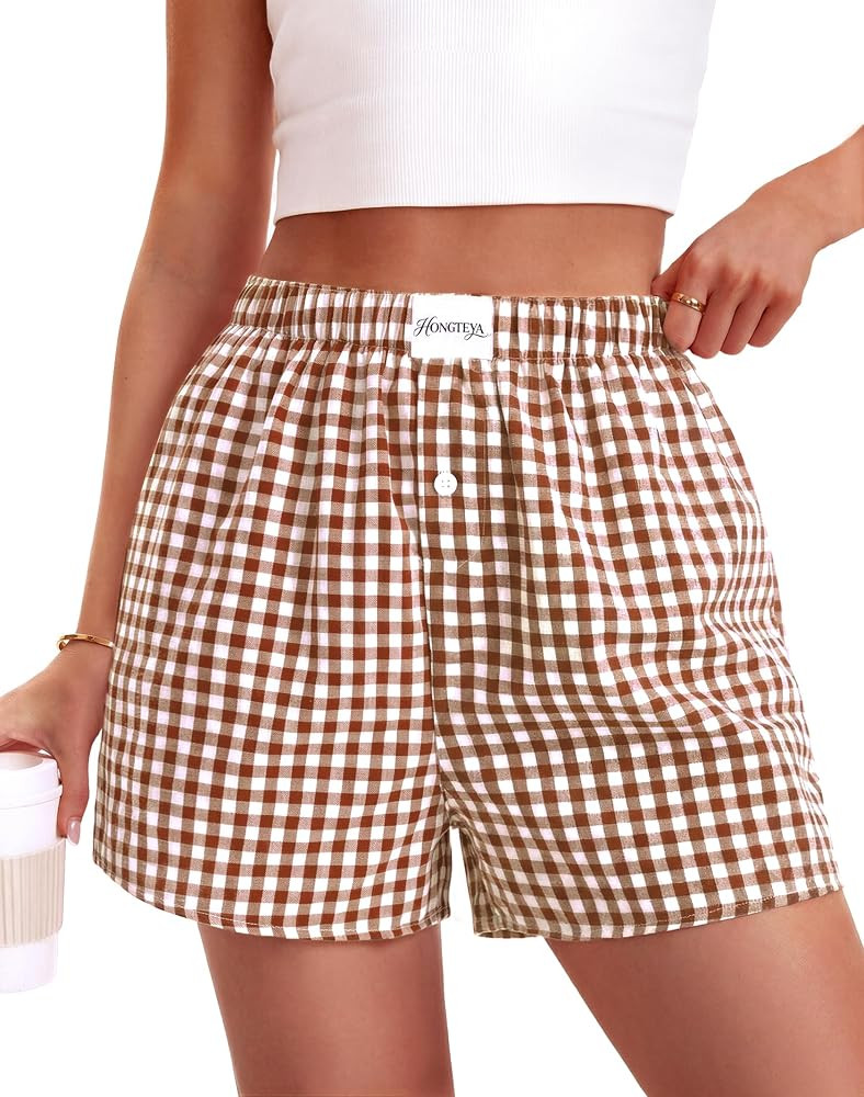 HONGTEYA Boxer Shorts for Women Cotton Gingham Plaid Pajama Y2k Bottoms | Amazon (US)