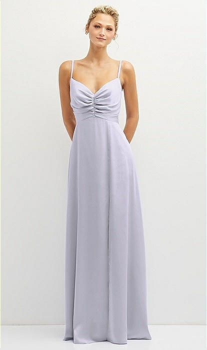 Vertical Ruched Bodice Satin Maxi Dress with Full Skirt in Silver Dove | The Dessy Group