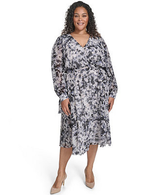 Plus Size Tie Sleeve Chiffon Pull-On Midi Dress | Macy's