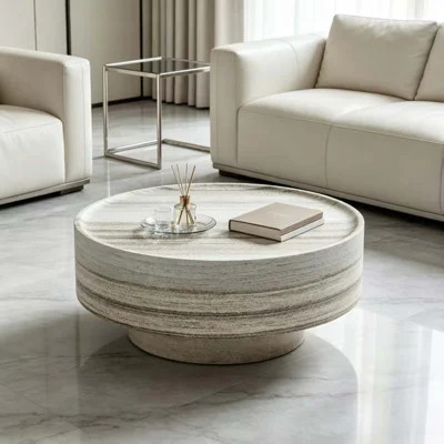 Round Stone Texture Coffee Table With Sturdy Base For Modern Living Room Decor And Daily Use | Wayfair North America
