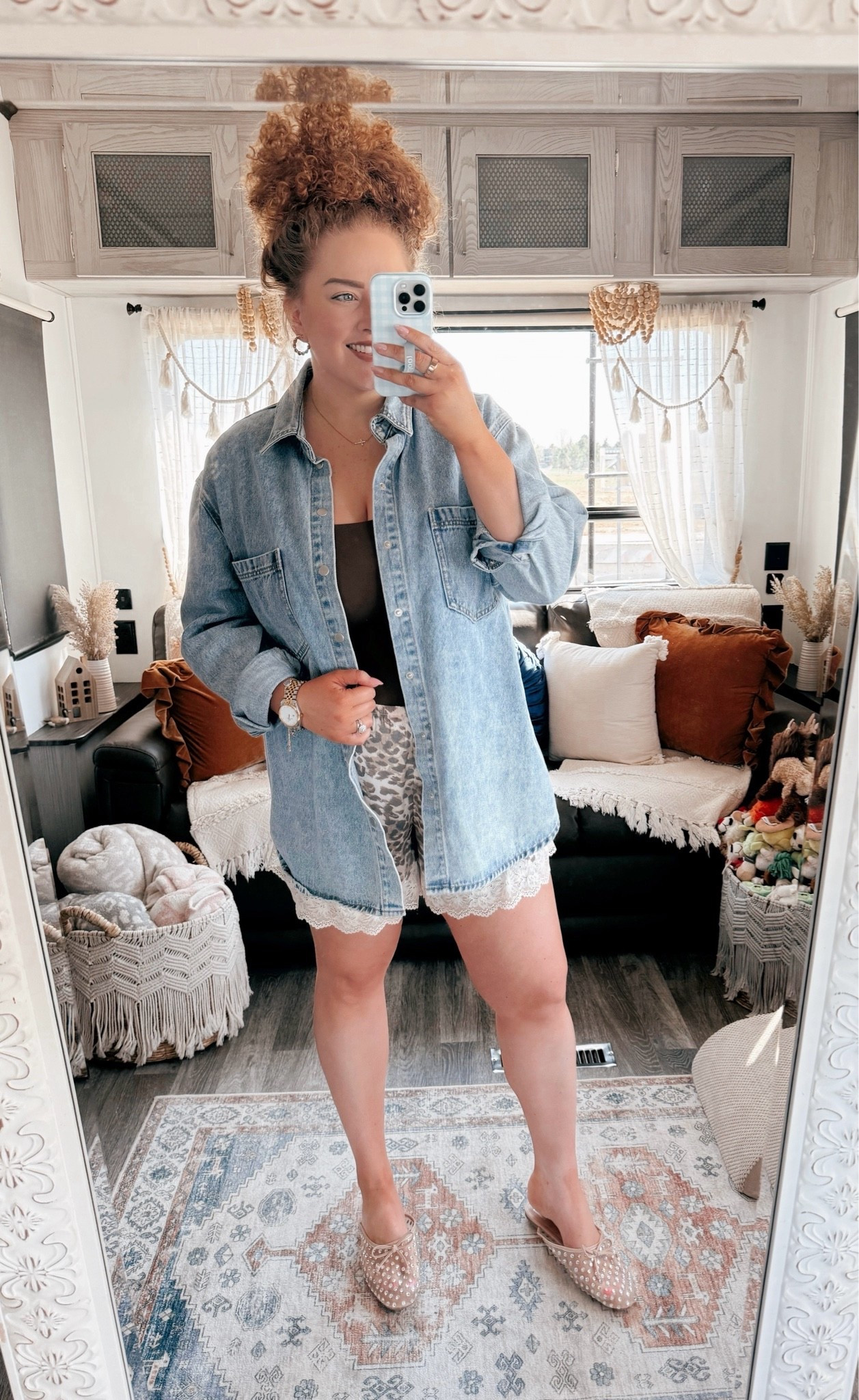 Date night but make it effortless + a little bold 🤎✨ oversized denim button down | brown tank top | aerie leopard lace shorts | silky shorts outfit | rhinestone mules | date night outfit idea | elevated casual outfit | night out look | chic summer outfit | denim layering outfit | neutral + print mix outfit | flirty casual outfit | dressed up casual vibe | effortless night out style | going out outfit inspo ✨

#LTKootd #LTKgrwm #LTKdayinmylife