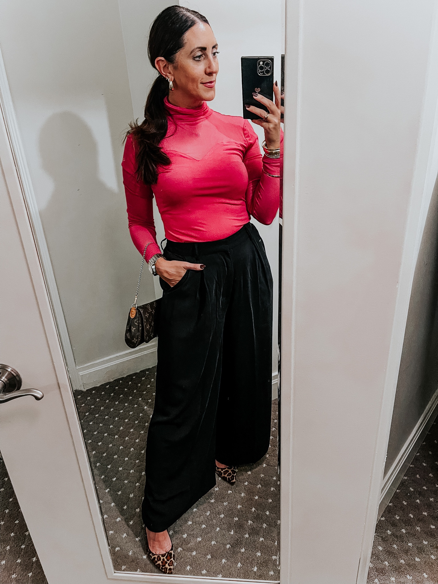 Night out outfit! Headed to Broadway! Wide leg trousers (size small) with hot pink mesh turtleneck (size small)💗 leopard pumps & Louis Vuitton purse 
Amazon fashion 
Date night outfit 
Girls night look 
Fall outfits 

#LTKfindsunder50 #LTKworkwear #LTKstyletip