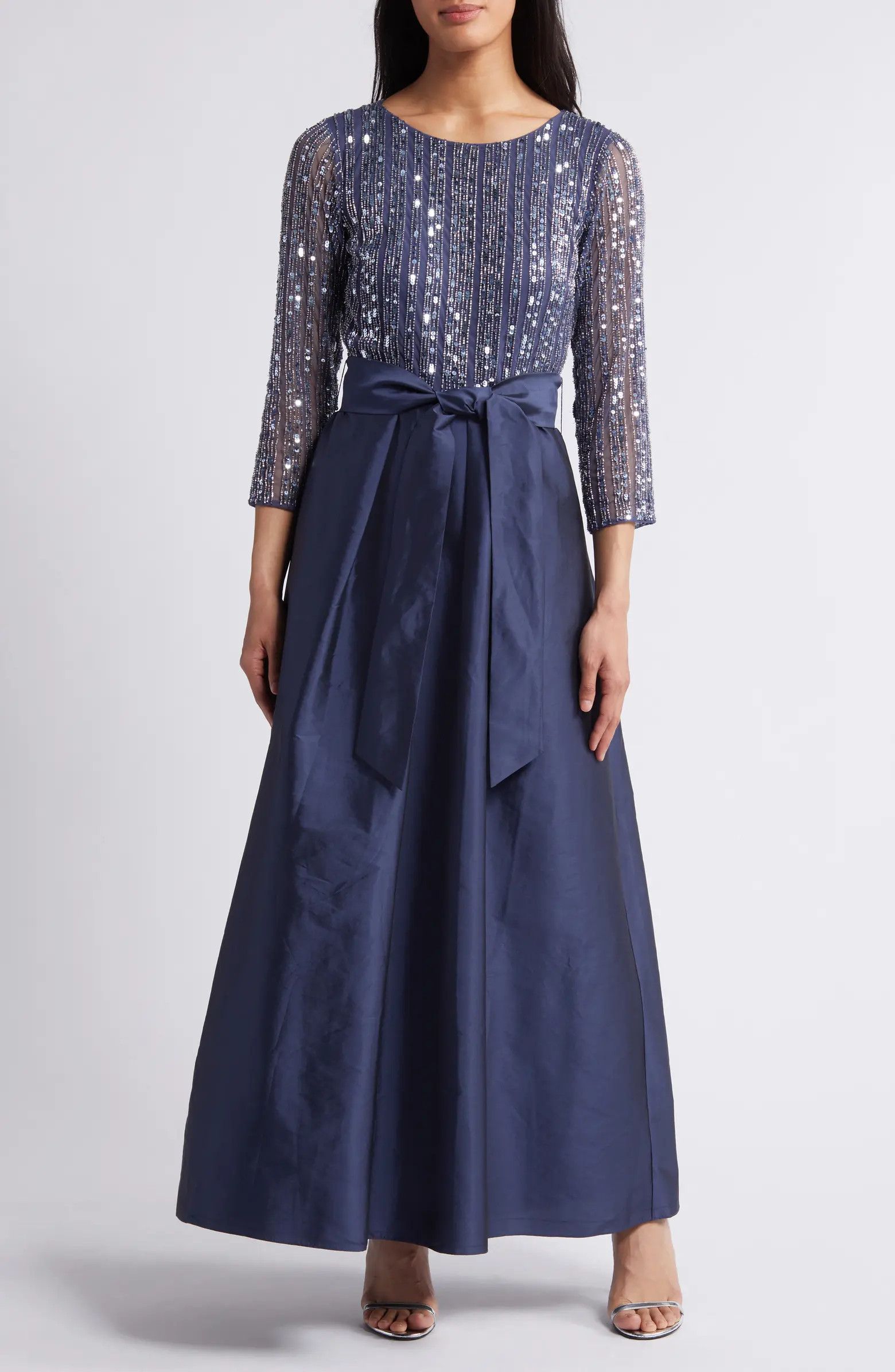 Bow Long Sleeve Sequin & Taffeta Gown | Nordstrom