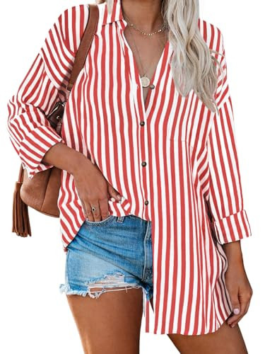 LILLUSORY Striped Button Down Shirts for Women 2025 Summer Long Sleeve Tops Work Blouses Vacation Outfits Spring Clothes StripedRed M | Amazon (US)