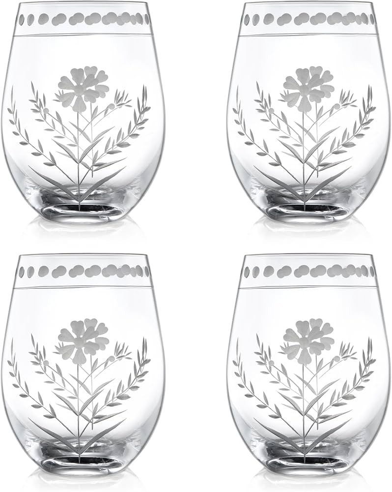 Joeyan Hand Blown Etched Stemless Wine Glasses,Carved Red and White Wine Tumbler with Floral Patt... | Amazon (US)