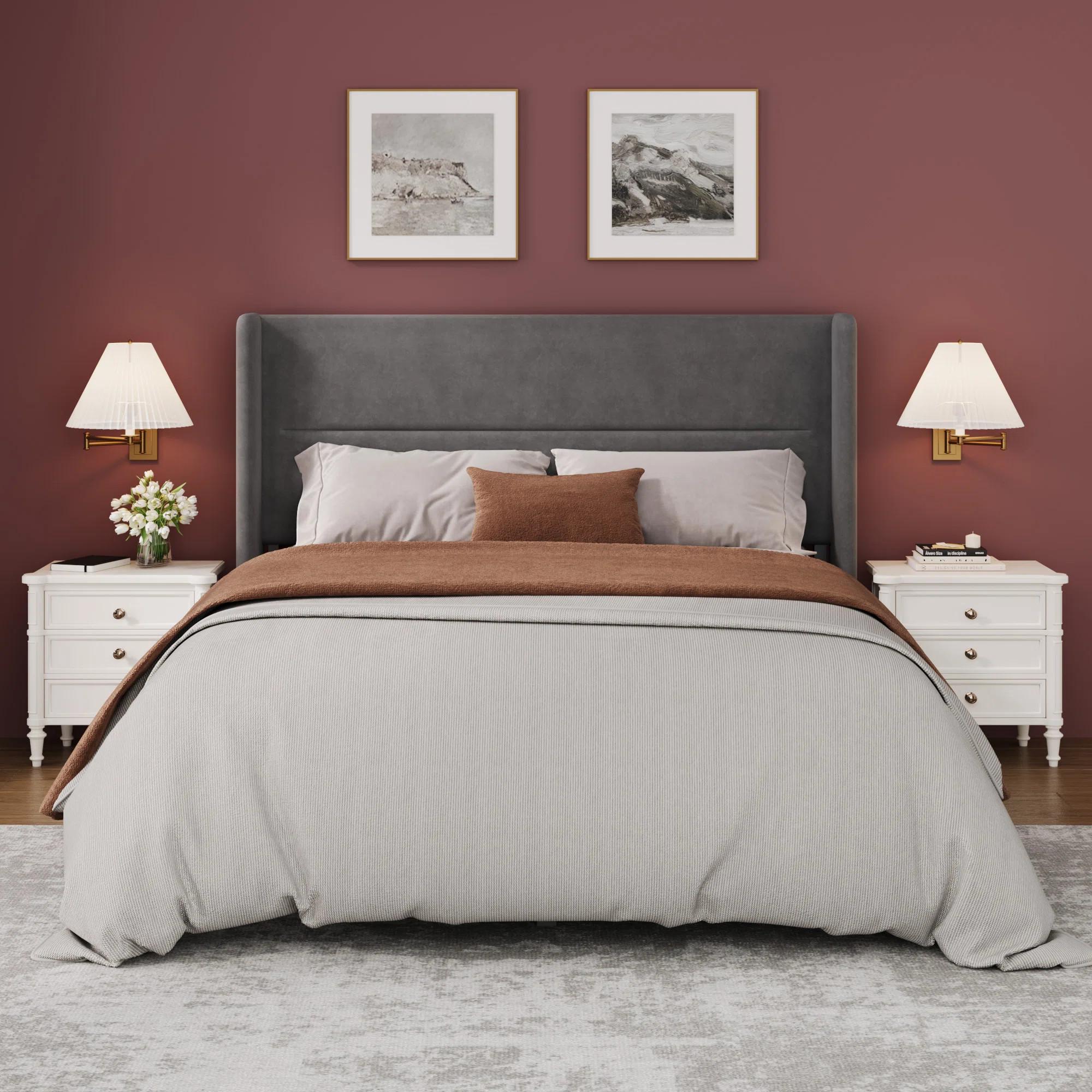 Queen Size Bed Frame with Wingback Headboard, Velvet Upholstered Platform Bedframe with Wood Slat... | Wayfair North America