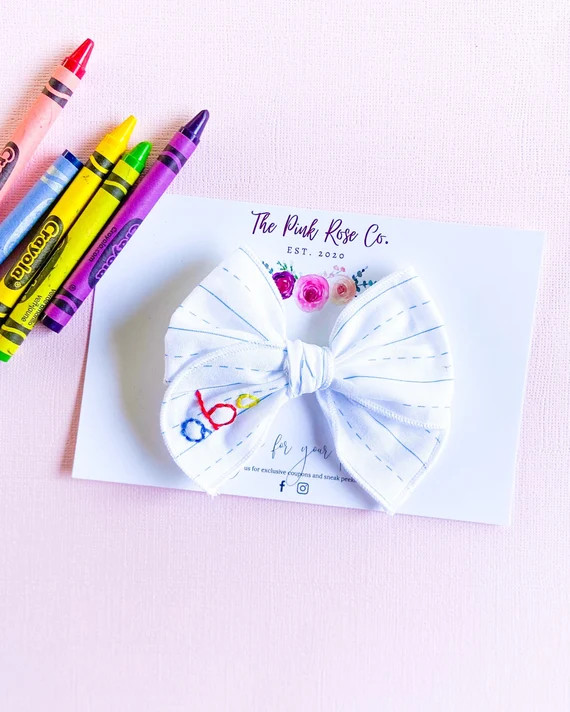 ABC rolled hem bow for girls - Alphabet and number bow - Back to school bows - Hand embroidered b... | Etsy (US)