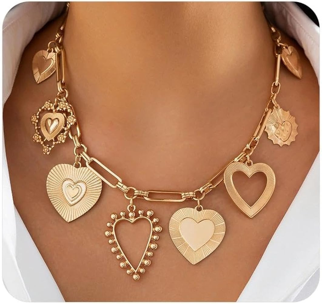 YOOESTORES82 Chunky Heart Pendant Charm Statement Necklace Gold Tone Layered Link Chain Necklaces... | Amazon (US)