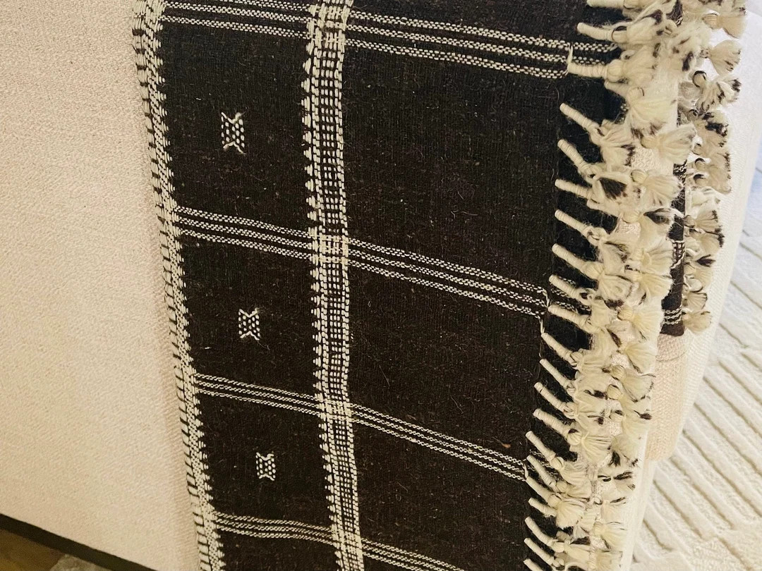 Indian Bhujodi Throw Blanket Brown & Cream Woven Wool With Poms - Etsy | Etsy (US)