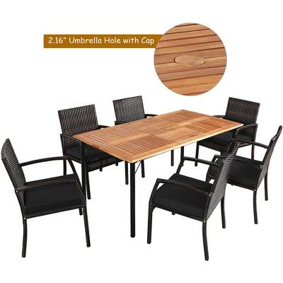 Costway 7PCS Patio Rattan Dining Chair Table Set with  Cushion Umbrella Hole Black | Target