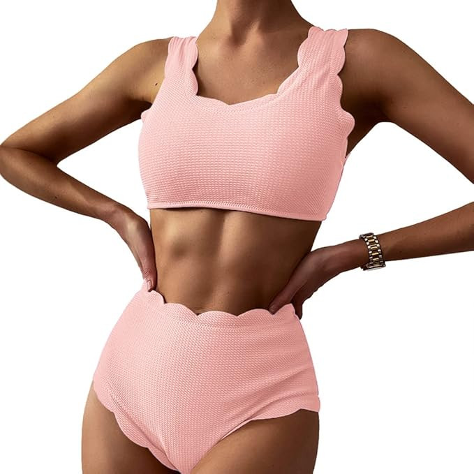 ZAFUL Women's High Waisted Tankini Set, Scalloped Trim Swimsuit Back Lace-Up High Cut Two Piece B... | Amazon (US)