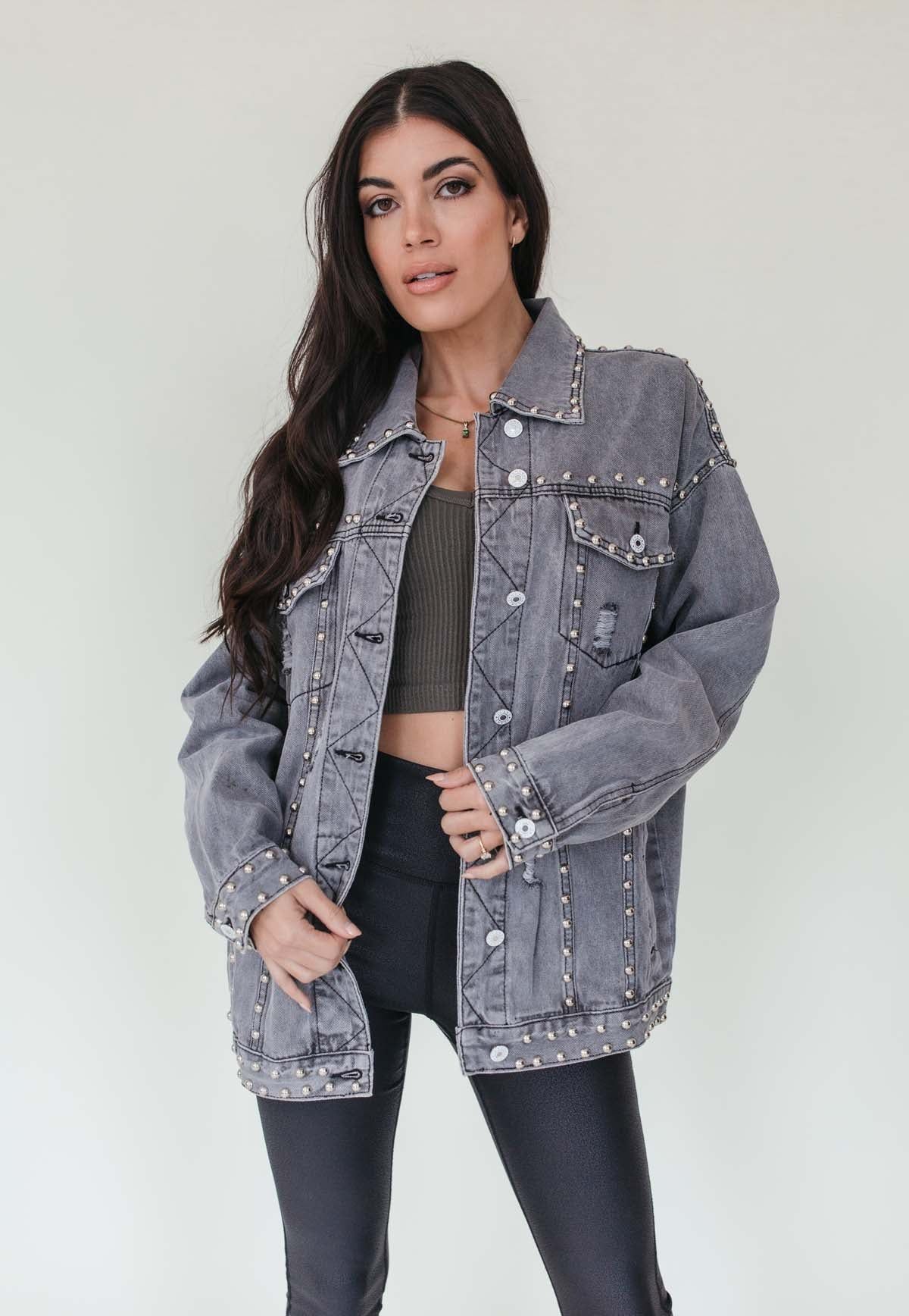 Candice Studded Washed Black Denim Jacket | The Post