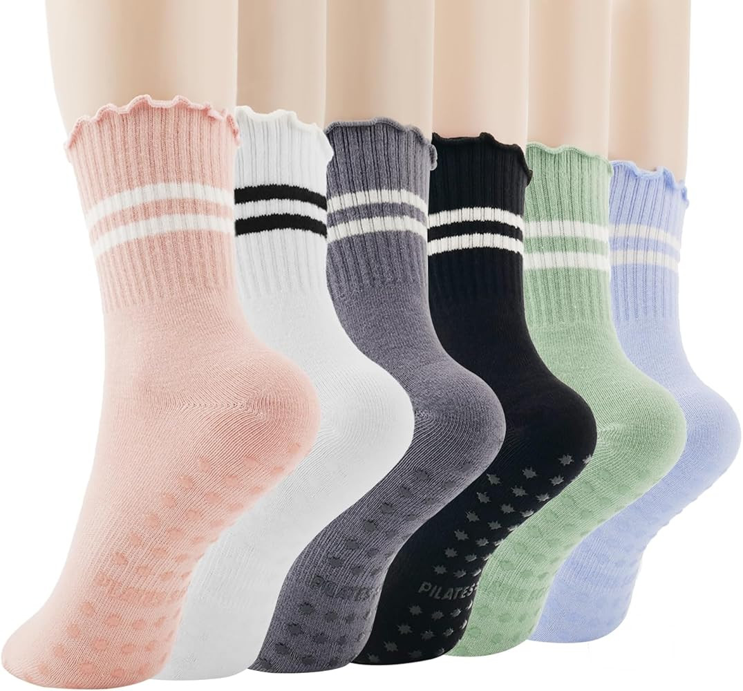 Women's Ruffle Pilates Socks- 6 Pairs Non-Slip Cotton Yoga Grip Socks for Girl Ballet Dance Worko... | Amazon (US)
