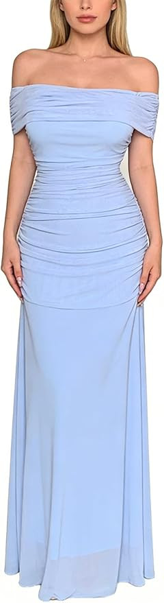 OYOANGLE Women's Off the Shoulder Maxi Dress Short Sleeve Elegant Ruched Party Wedding Guest Dres... | Amazon (US)