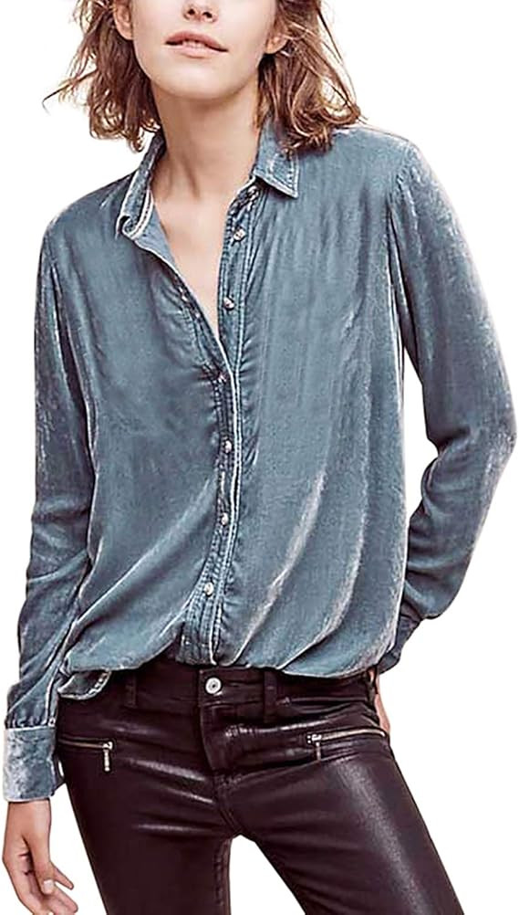 R.Vivimos Womens Winter Velvet Long Sleeve Button Down Casual Tops Shirts | Amazon (US)
