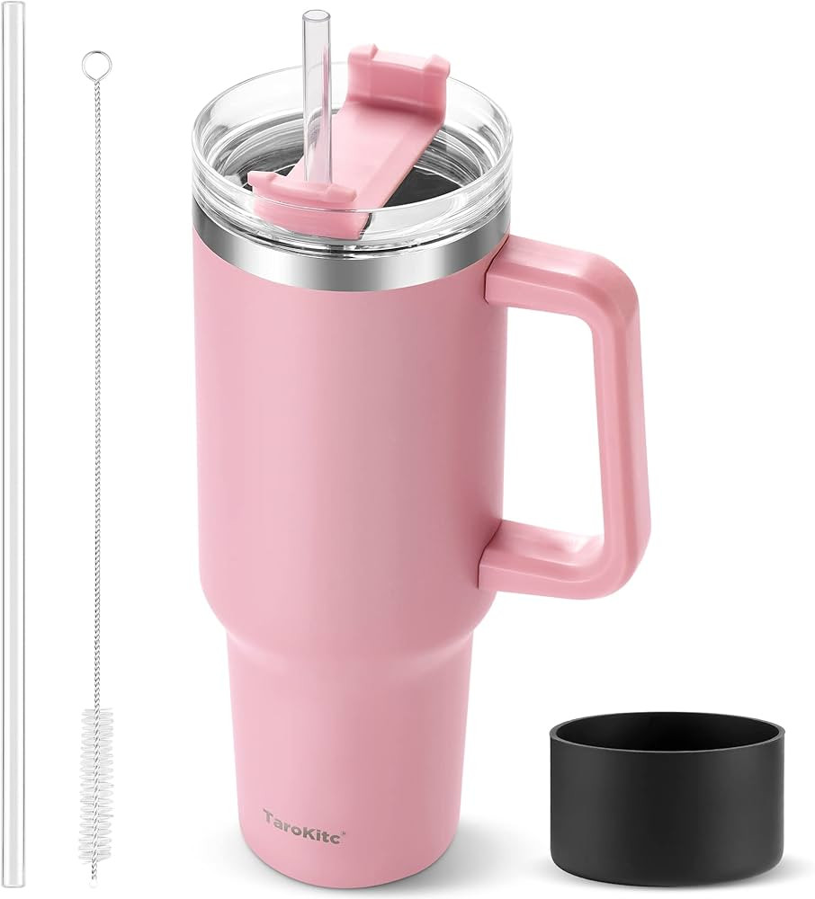 40 oz Tumbler with Handle and Straw, Pink Insulated Travel Mug Iced Coffee Cup, Reusable Stainles... | Amazon (US)