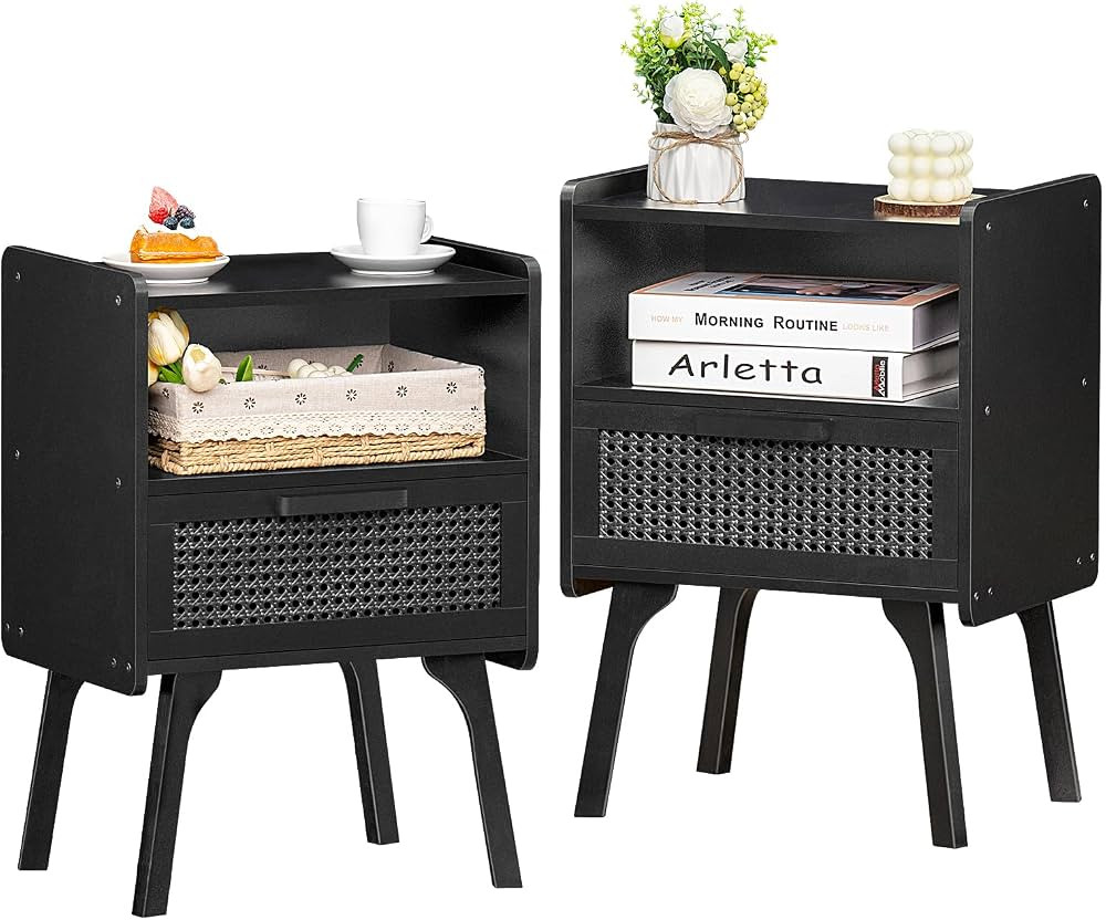 Lerliuo Rattan Nightstands Set of 2, Boho Side Table with Drawer Open Shelf, Cane Accent Bedside ... | Amazon (US)