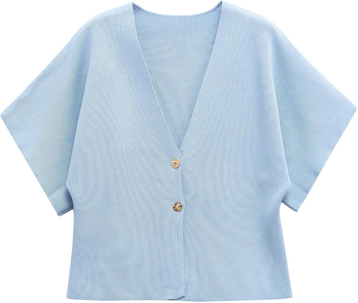 hathne Women's V Neck Short Sleeve Cardigan Sweater Button Down Ribbed Knit Tops | Amazon (US)