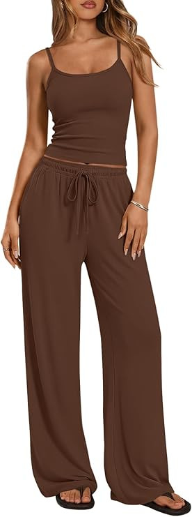 Trendy Queen Women's 2 Piece Lounge Set Spring Outfits - Camisole Top & Wide Leg Pants | Amazon (US)