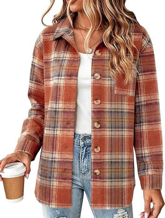 Zeagoo Women Flannel Shacket Jacket Plaid Button Down Long Sleeve Shirt | Amazon (US)