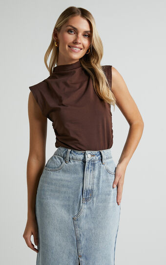 Jenner Top - High Neck Ruched Side Top in Chocolate | Showpo (ANZ)