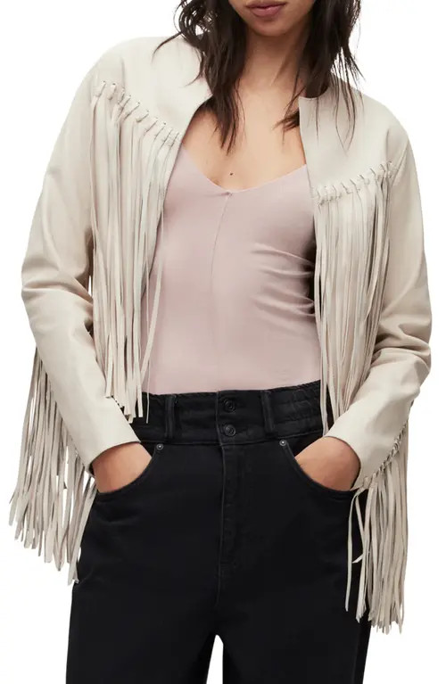 AllSaints Reema Fringe Leather Jacket in White at Nordstrom, Size 2 Us | Nordstrom