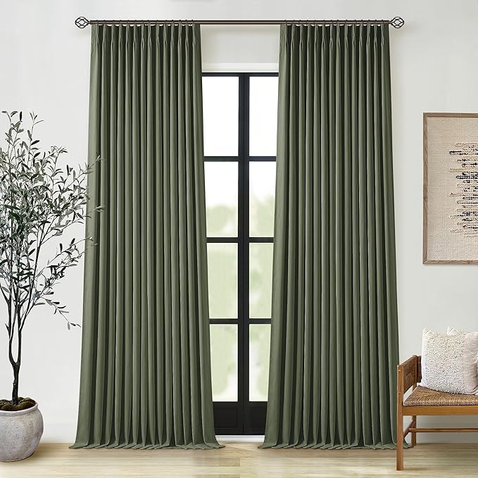 Olive Green Pinch Pleated 100% Blackout Linen Bedroom Curtains 96 Inch Length Double Layer Pleat ... | Amazon (US)