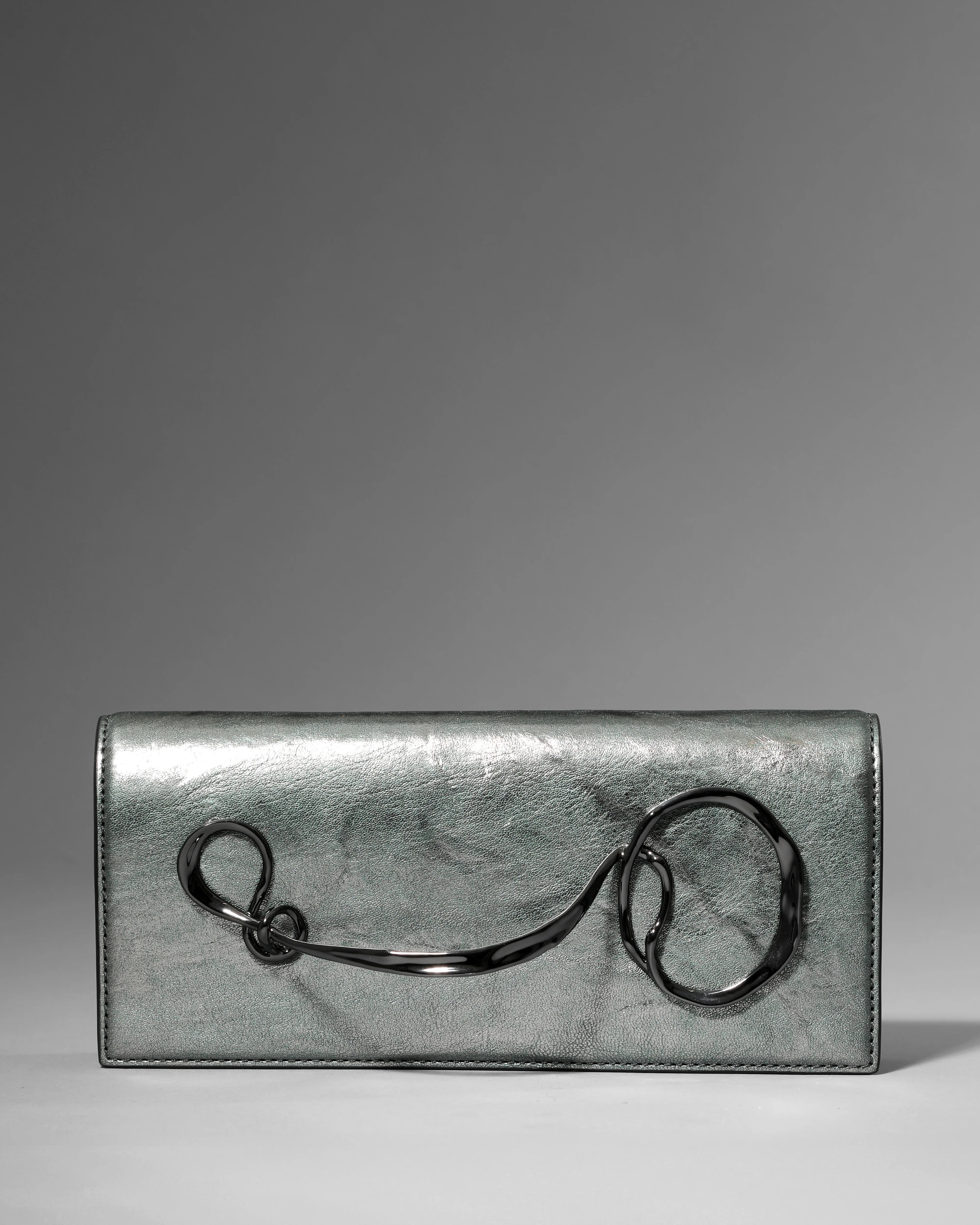 Twisted Gold Side Handle Clutch Purse- Graphite Green | Alexis Bittar