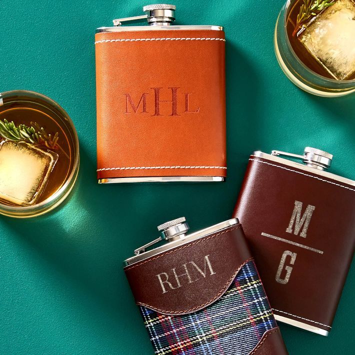 Plaid and Leather Wrapped Flask | Mark and Graham