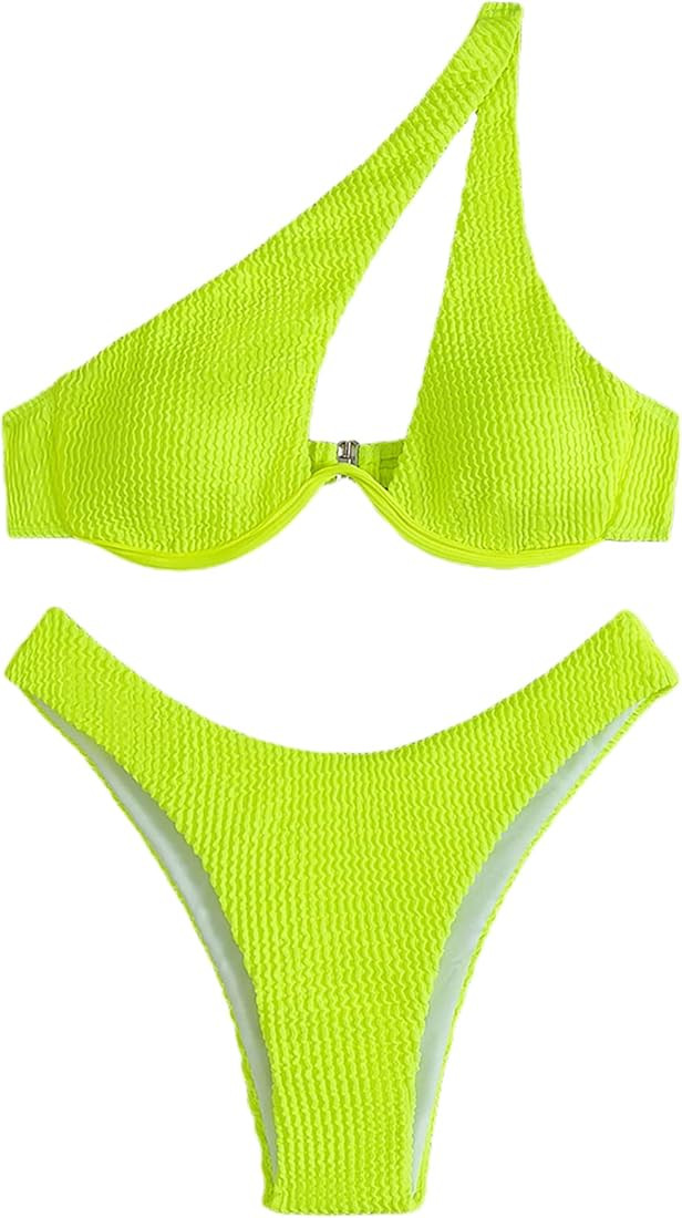 Romwe Women's One Shoulder Cut Out Underwire High Cut Bikini Swimsuit Asymmetrical 2 Piece Bathin... | Amazon (US)