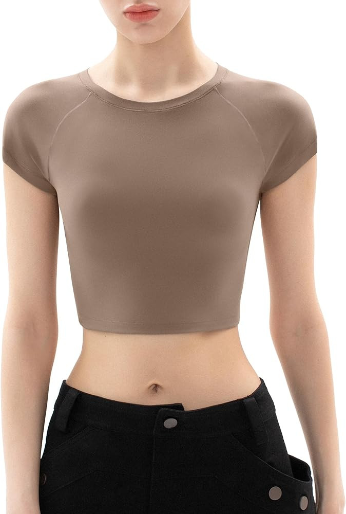PUMIEY Women's Short Sleeve Crop Tops Crew Neck T Shirt Sexy Tee Smoke Cloud Collection | Amazon (US)
