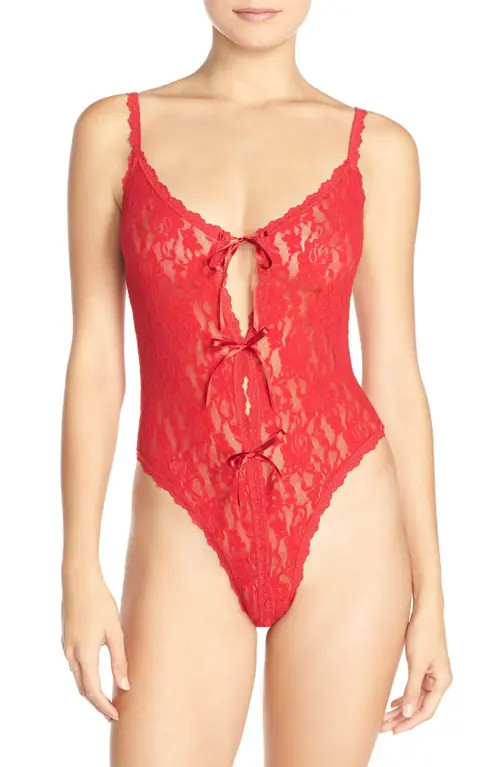 Hanky Panky Signature Lace Open Gusset Thong Teddy in Red at Nordstrom, Size Medium | Nordstrom