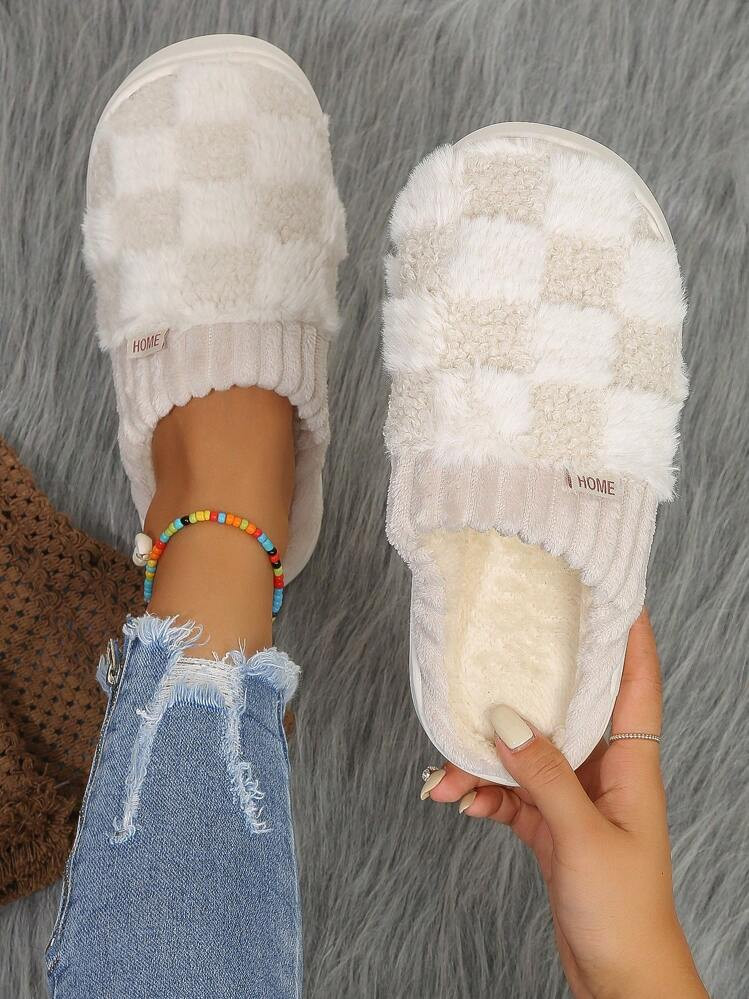 Women's Home Slippers, 2024 New Winter Thickened Warm Indoor Shoes With Faux Fur | SHEIN