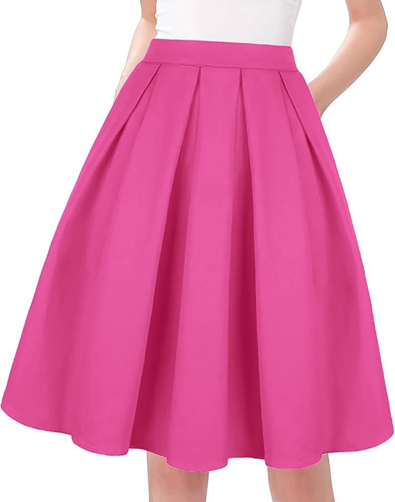 Tandisk Women's Vintage A-line Printed Pleated Flared Midi Skirt with Pockets | Amazon (US)