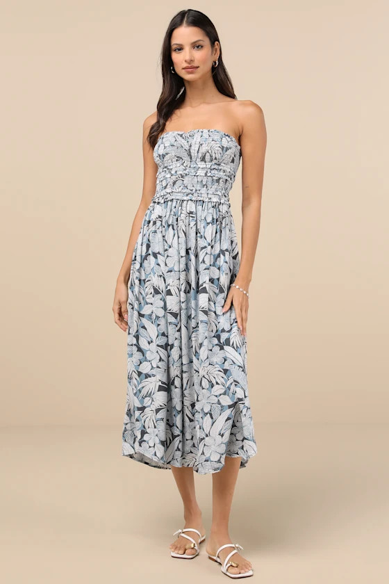 Devyn Slate Blue Tropical Print Smocked Strapless Midi Dress | Lulus