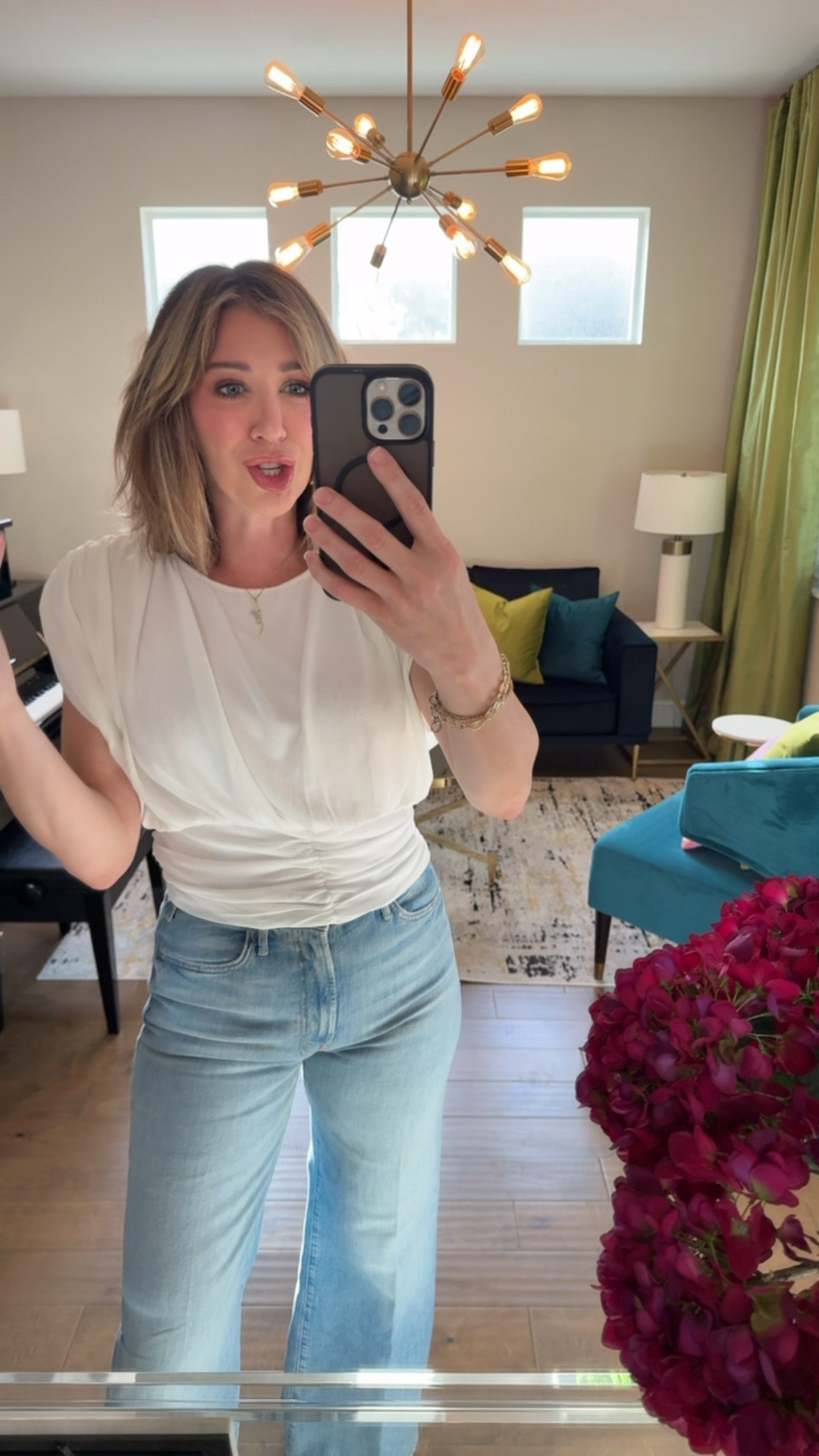 Medium in top, I sized down in denim to size 27 (I normally wear 28). They stretch slightly after 1 wear.

#LTKgrwm #LTKootd