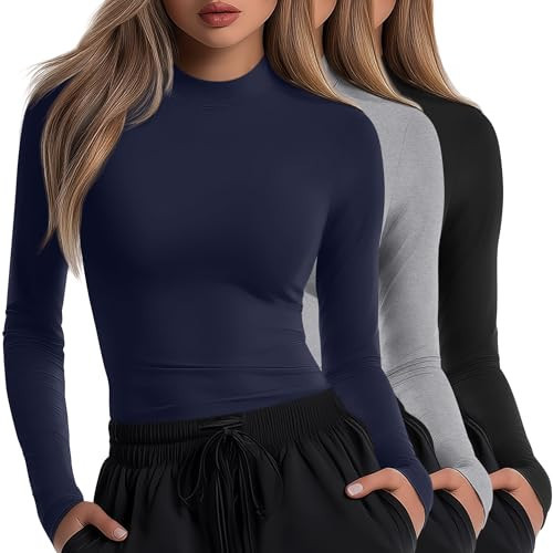 Neer 3 Pack Women's Underscrubs Long Sleeve Shirts Mock Turtleneck Slim Fit Scrub Top Basic Tee Undershirt for Nurse(Black, Light Gray, Navy Blue,Small) | Amazon (US)