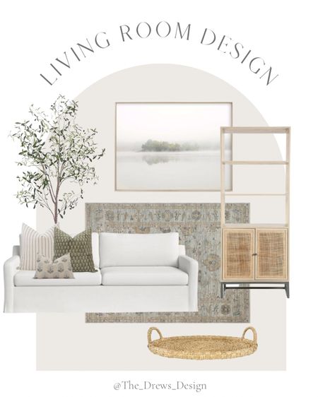 Living room design, design board, cream sofa, shelf, cane, rattan, large woven tray, area rug, loloi magnolia, faux olive tree, throw pillows

#LTKhome #LTKsalealert #LTKFind