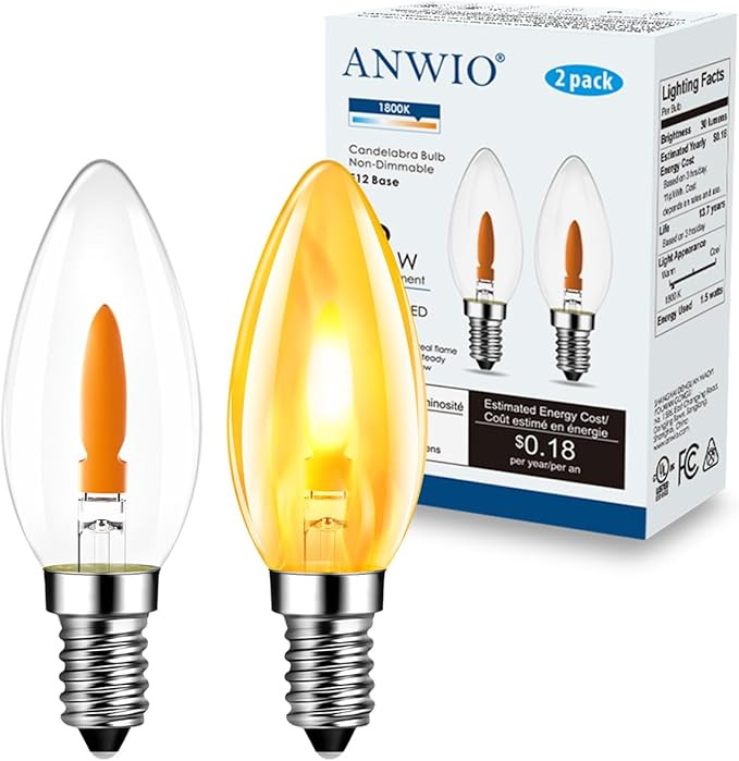 ANWIO Flicker Flame Light Bulb 1.5W=3W, NonDimmable Flame Tip 1800K Warm Light Orange Glow Bulbs ... | Amazon (US)