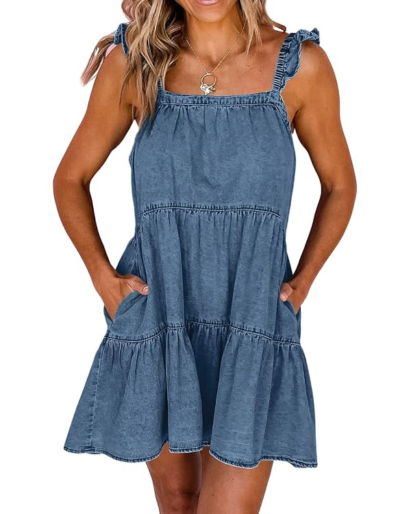 Newffr Womens Summer Denim Dress Square Neck Ruffle Trim Sleeveless Babydoll Flowy Jean Dresses w... | Amazon (US)