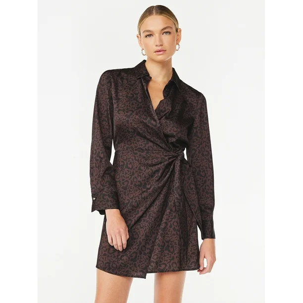 Scoop Wrap Tie Mini Dress with Point Collar, Sizes XS-XXL - Walmart.com | Walmart (US)