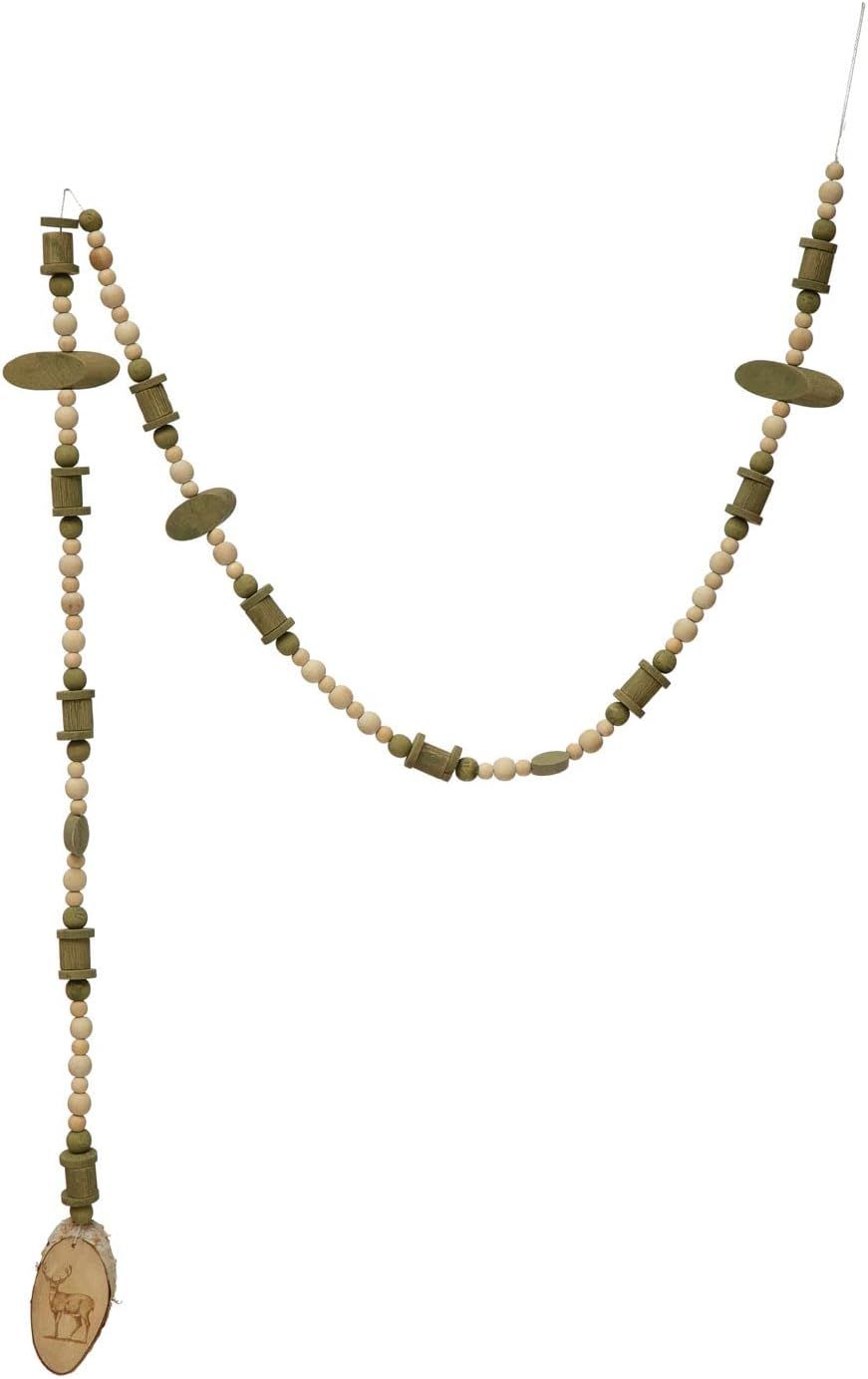 Creative Co-Op Paulownia Wood Bead Garland with Deer Icon, Green and Natural | Amazon (US)