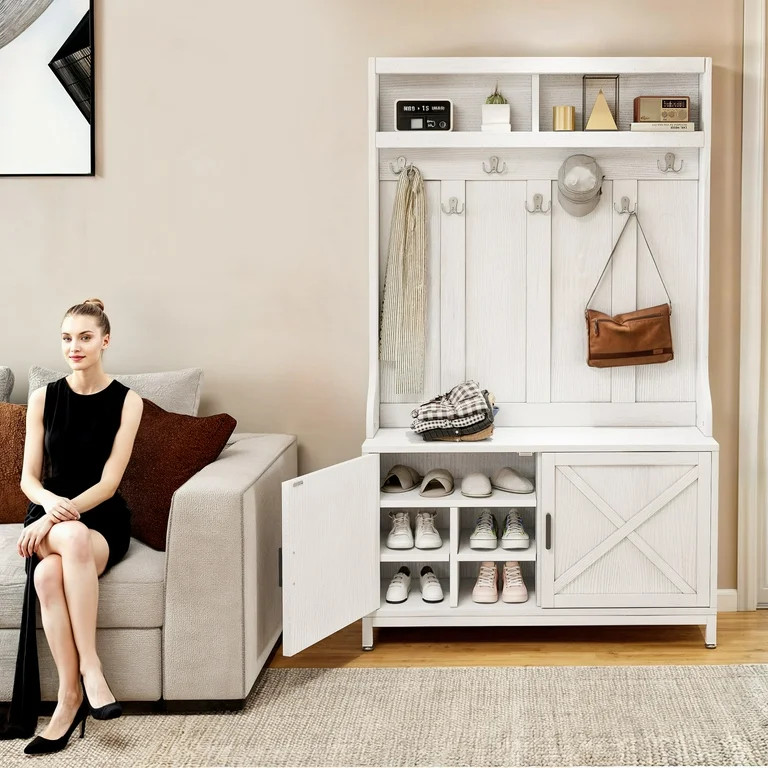 Uforic Farmhouse Hall Tree, 4-in-1 Coat Rack with Storage Bench, White Shoe Cabinet for Hallway, ... | Walmart (US)