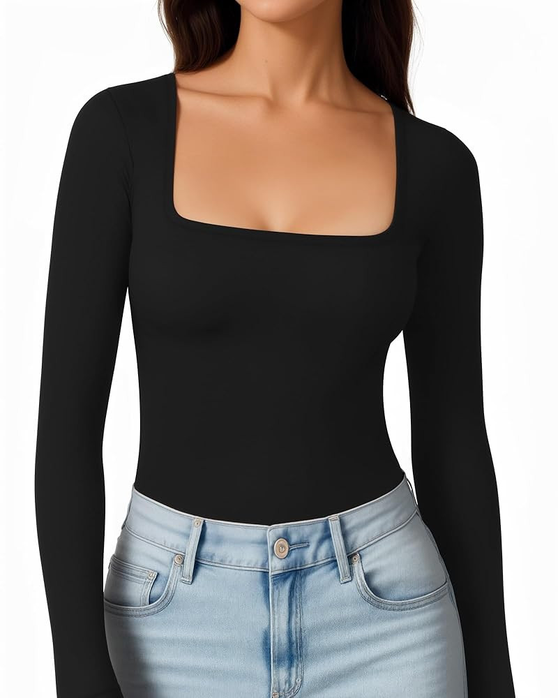 MANGOPOP Womens Square Neck Long Sleeve Shirts for Women Fitted Top Casual Basic Going Out T-Shir... | Amazon (US)