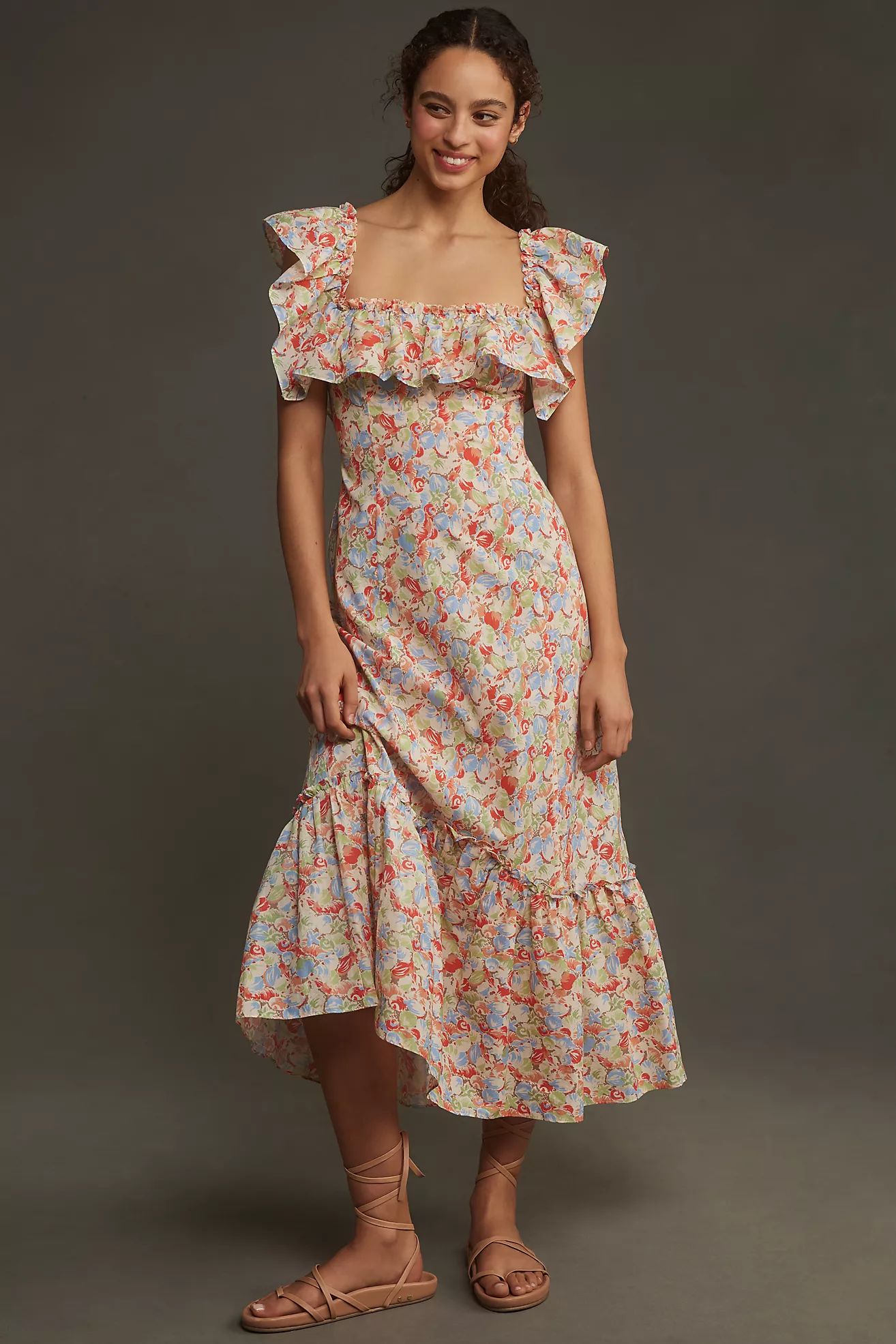 RIXO June Floral Ruffled A-Line Midi Dress | Anthropologie (US)