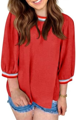Tankaneo Womens Crew Neck Tunic Tops Casual Loose Fit Color Block Blouse 3/4 Puff Sleeve Textured... | Amazon (US)